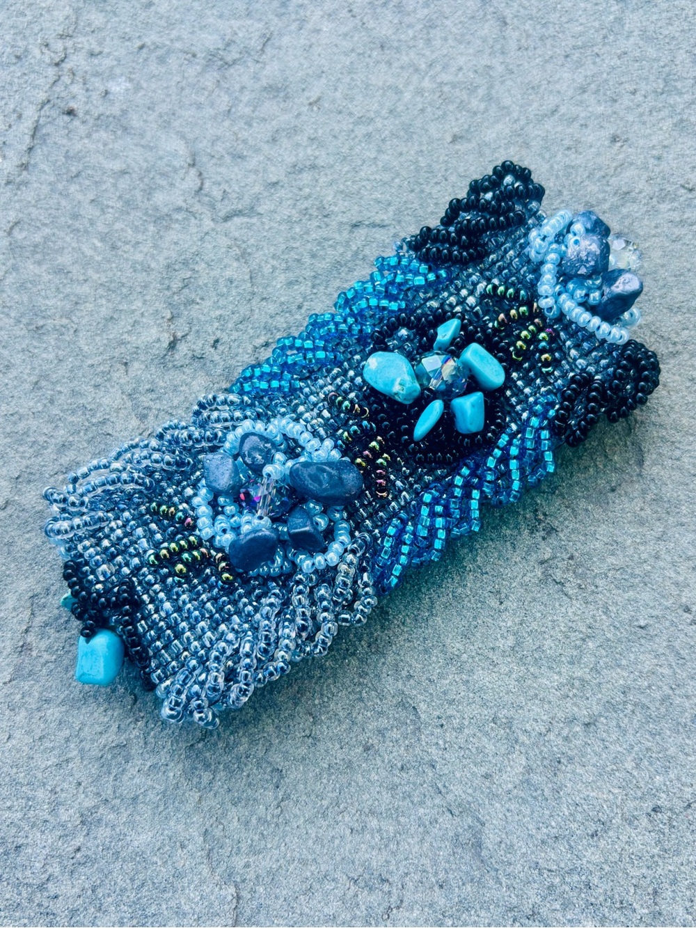 Handmade Artisan Boho Crystal Turquoise & Silver Aduustable Statement Bracelet